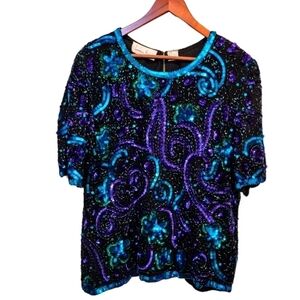 VINTAGE Laurence Kazar 100% Silk Sequin Formal Cocktail Top Size PXL